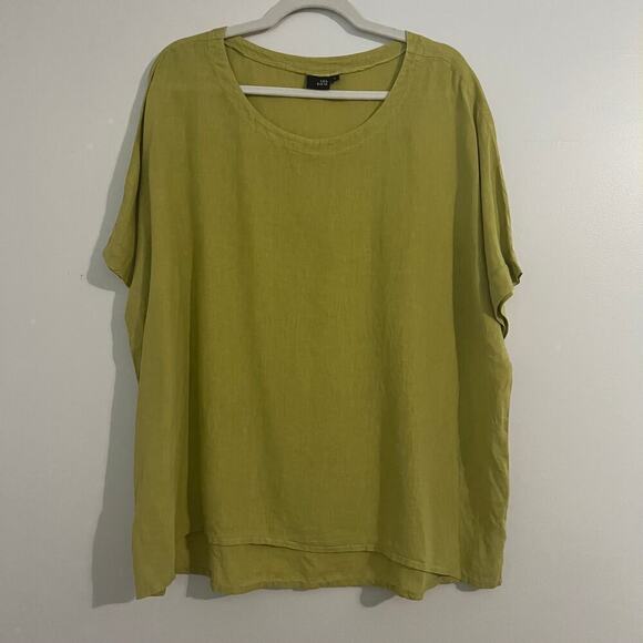 Lisa Bayne Tops - Lisa Bayne Chartreuse Green 100% Linen Short Sleeve Relaxed Loose Blouse Sz Lg